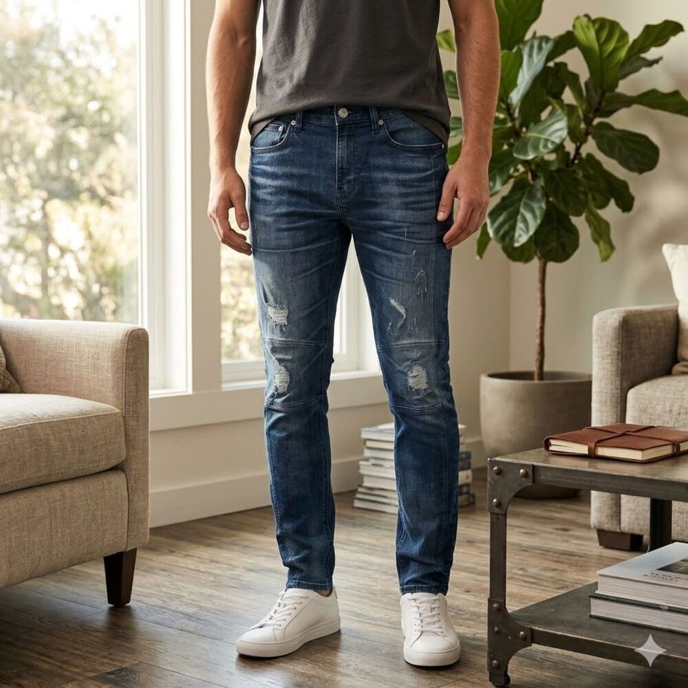 PacSun Stacked Ergo Skinny Jeans Mens 31x30 Blue Distressed Stretch Grunge